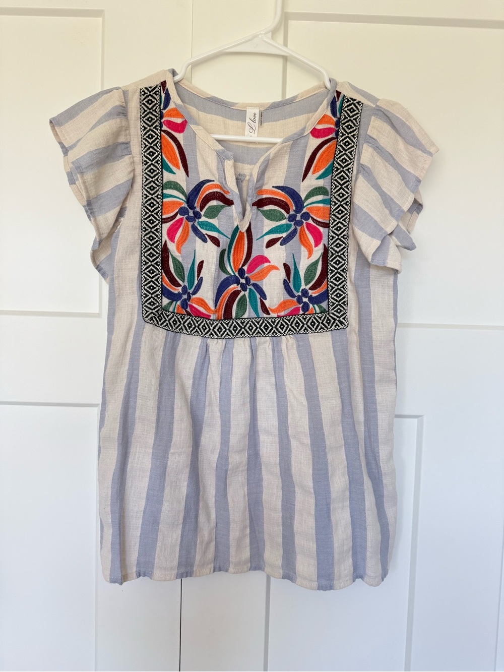 Love Striped Boho Top with Bright Embroidery and Flutter Cap Sleeves